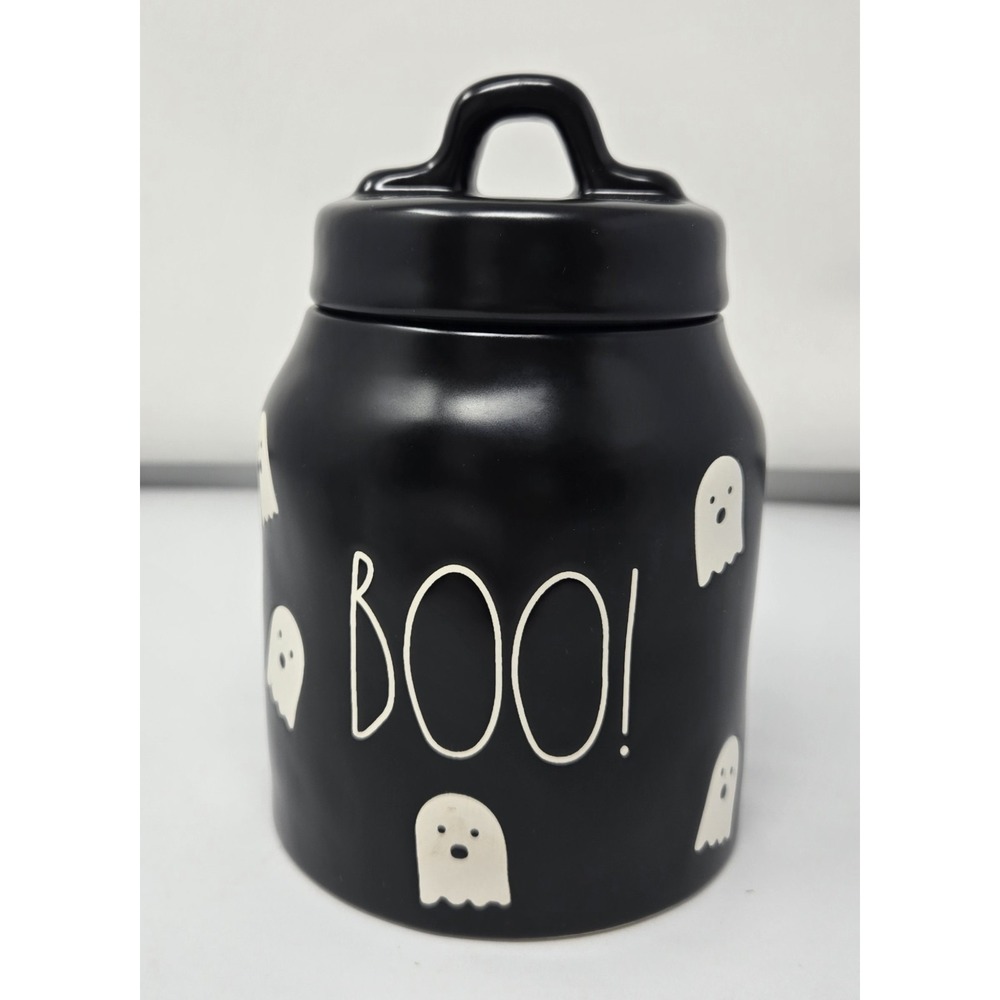 Rae Dunn "BOO" Ghosts Black Canister Halloween Candy Treat Jar & Lid Scary